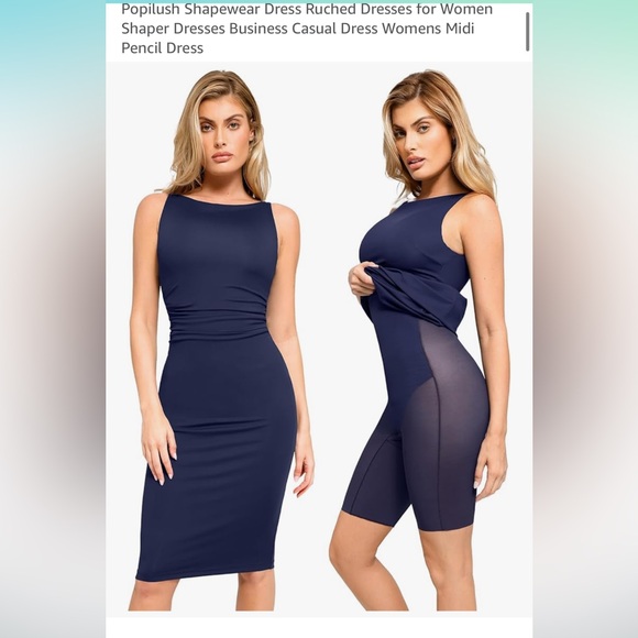 Popilush built in shape wear Elegant Navy Blue Sleeveless Dress - Picture 4 of 6